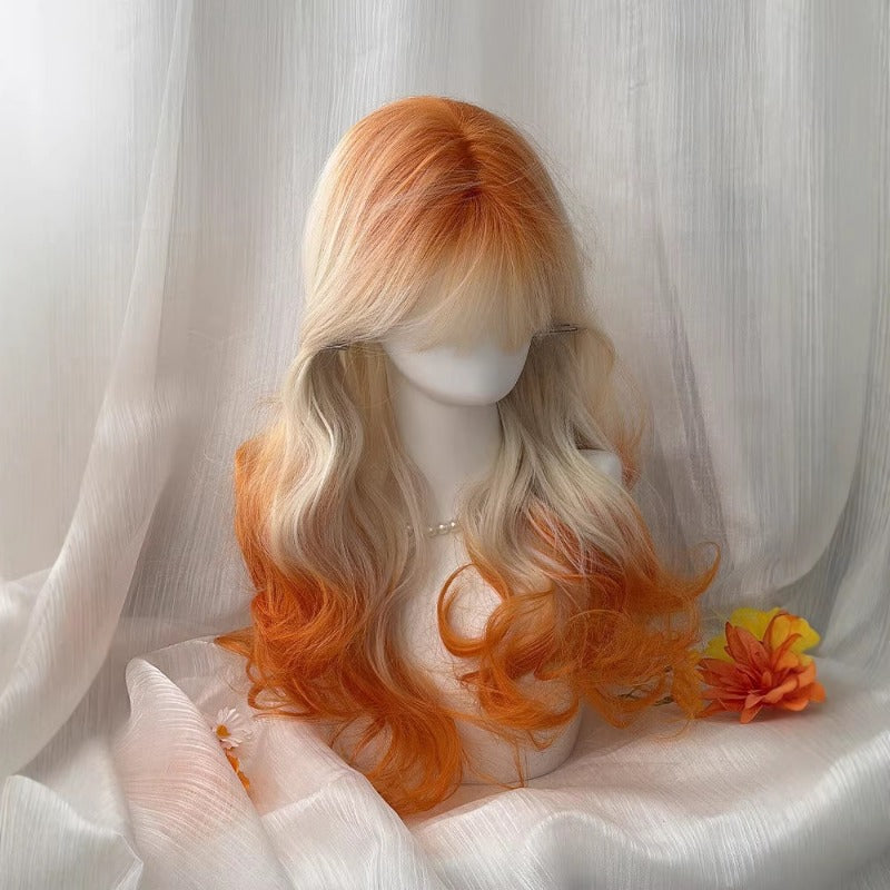【Autumn Afterglow】White Orange Gradient Large Wavy Long  Wig BY9225