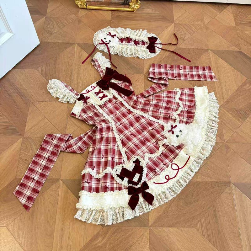Red Plaid Lolita Patchwork Puppy Applique JSK Dress includes headband BY1092