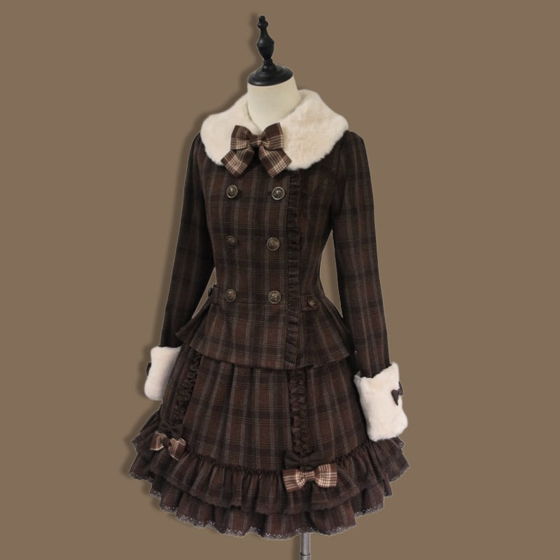 Vintage Chocolate Sweet Dream Lolita Winter  Plaid Dress Set BY1012