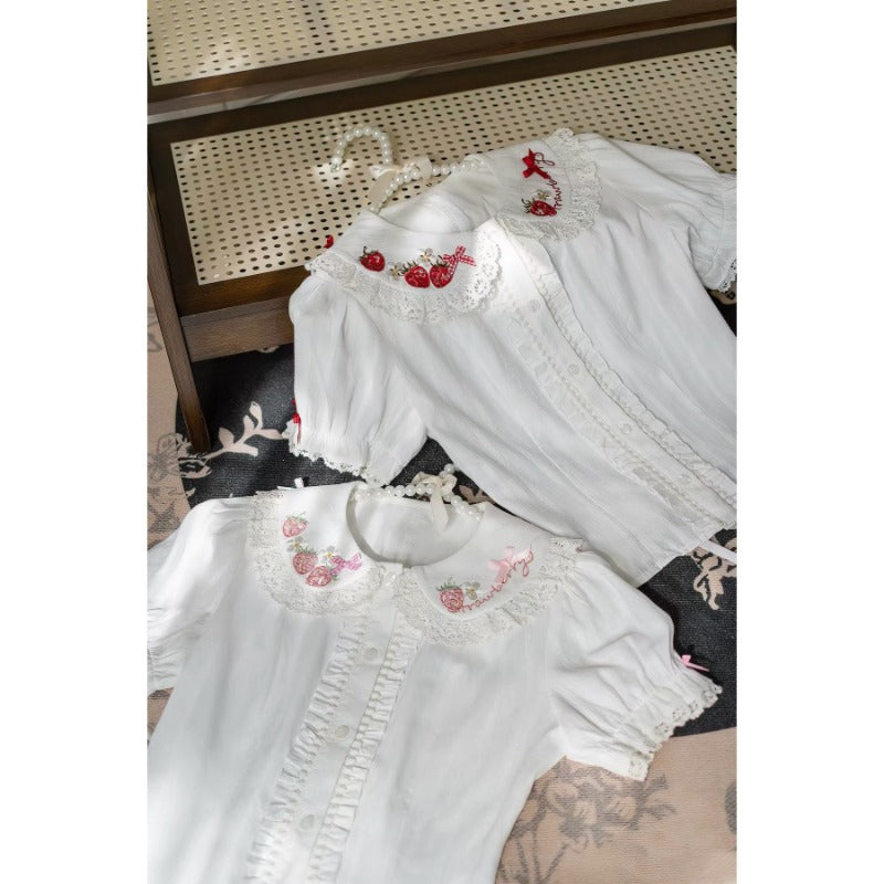 Cute Bow Strawberry Embroidery Blouse BY1131