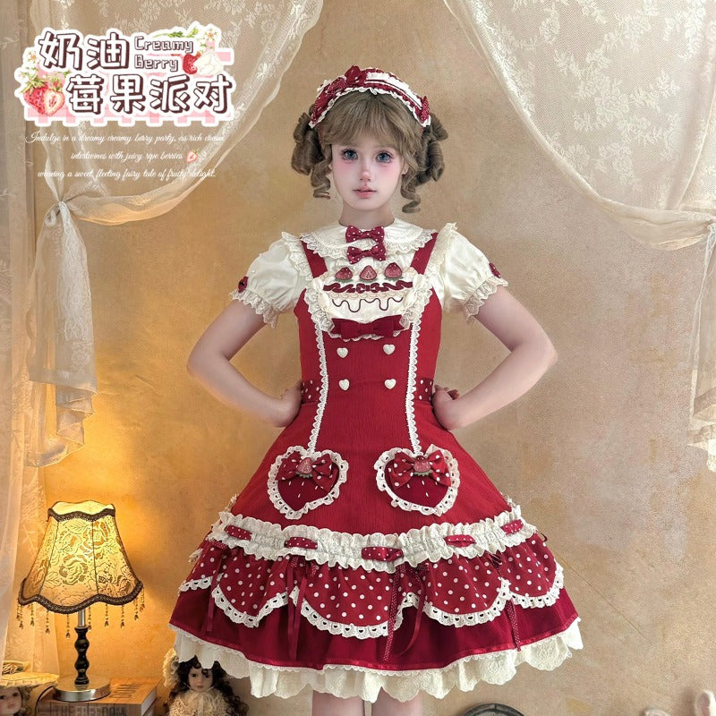 Pre-order  Cream Berry Party Strawberry Polka Dot JSK BY1029