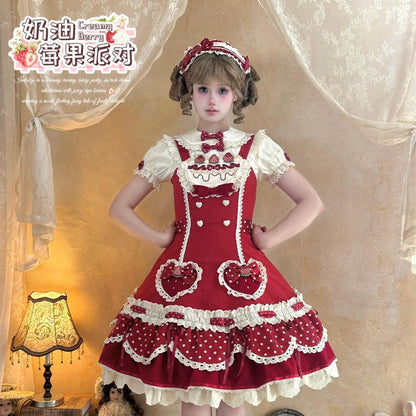 Pre-order  Cream Berry Party Strawberry Polka Dot JSK BY1029