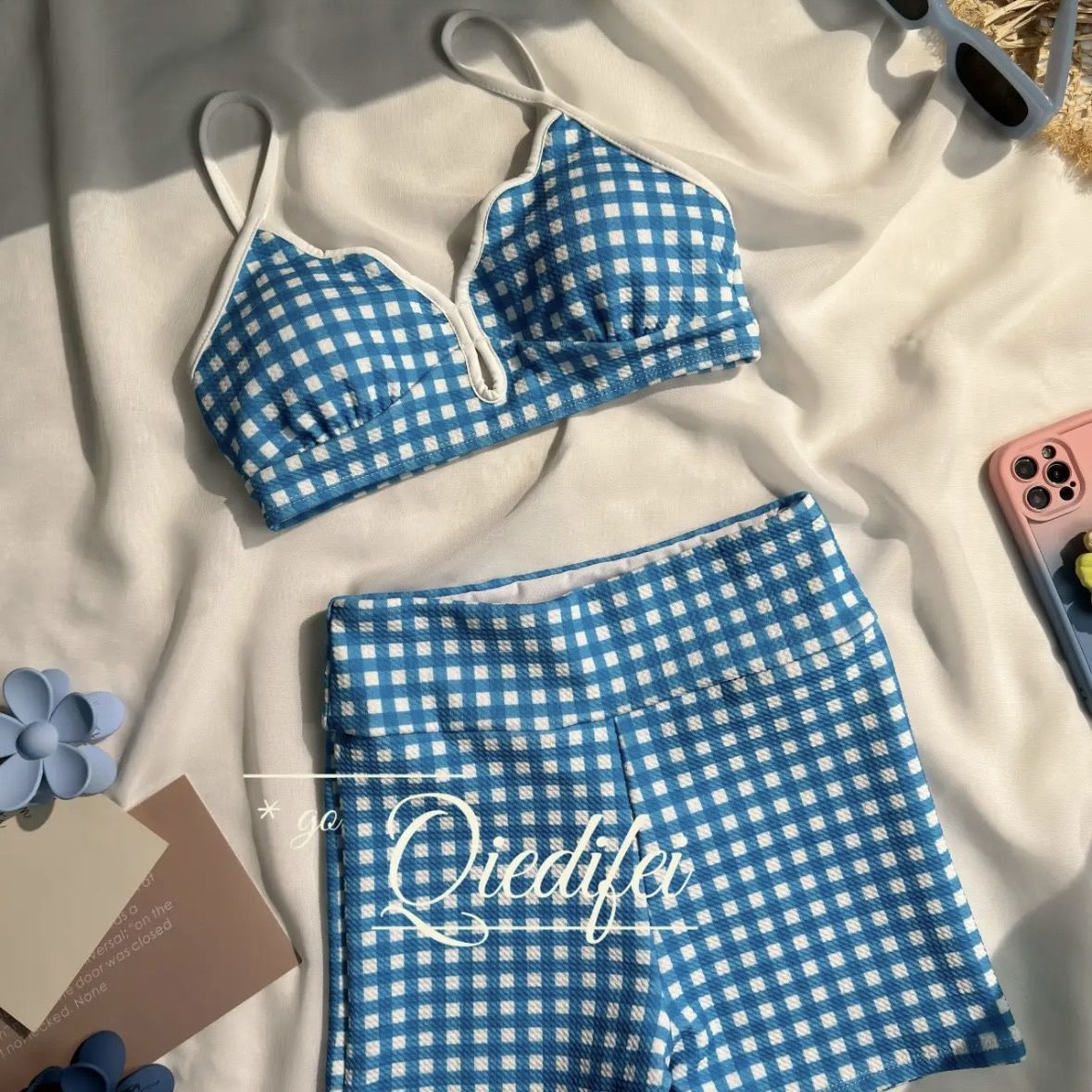 Blue checkered three piece swimsuit set