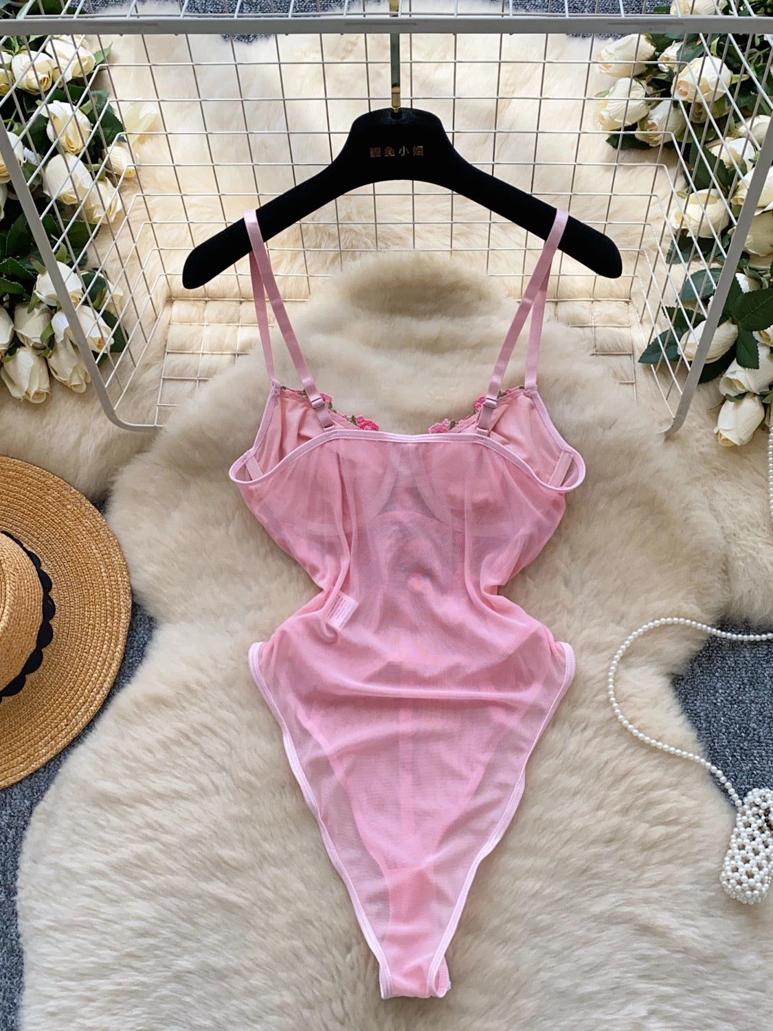 Sweet floral embroidery mesh jumpsuit BY0013