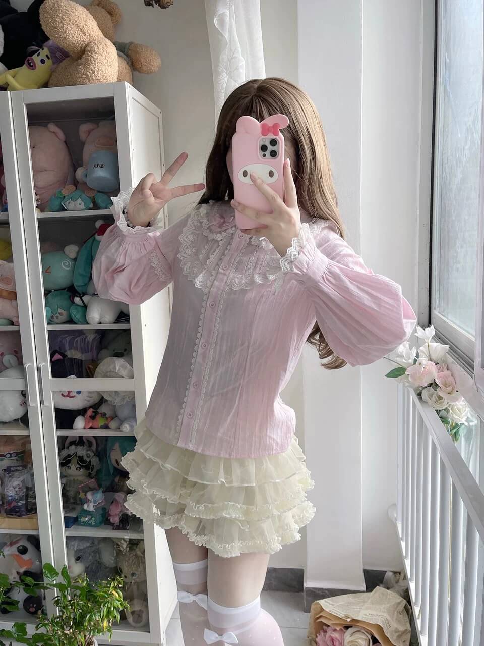 4 Colors Cute Peter Pan Collar Cotton Long Sleeved Blouse BY9267