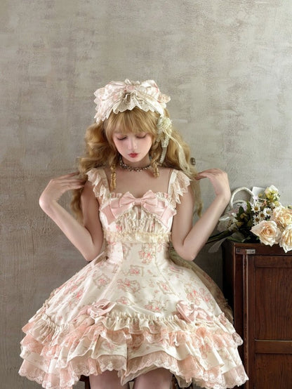 【Morning Mist Rose JSK / OP】 Sweet Gentle Floral Wall Lolita Dress by0998
