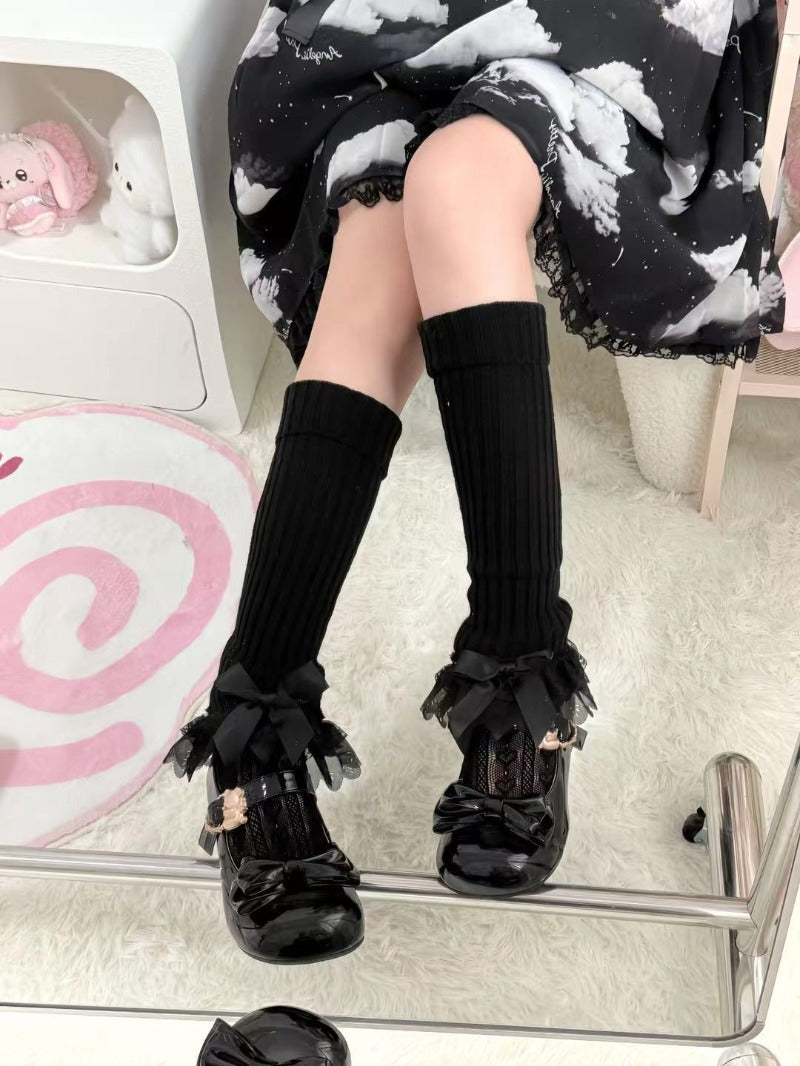 Sweet White Double Lace Mid-Calf Leg Warmers Lolita Winter Socks BY9221