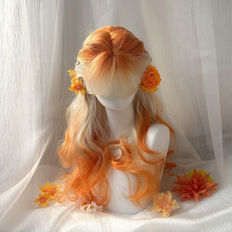 【Autumn Afterglow】White Orange Gradient Large Wavy Long  Wig BY9225