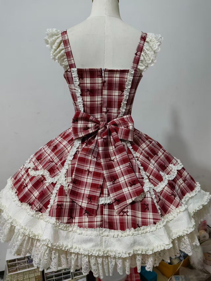 Red Plaid Lolita Patchwork Puppy Applique JSK Dress includes headband BY1092