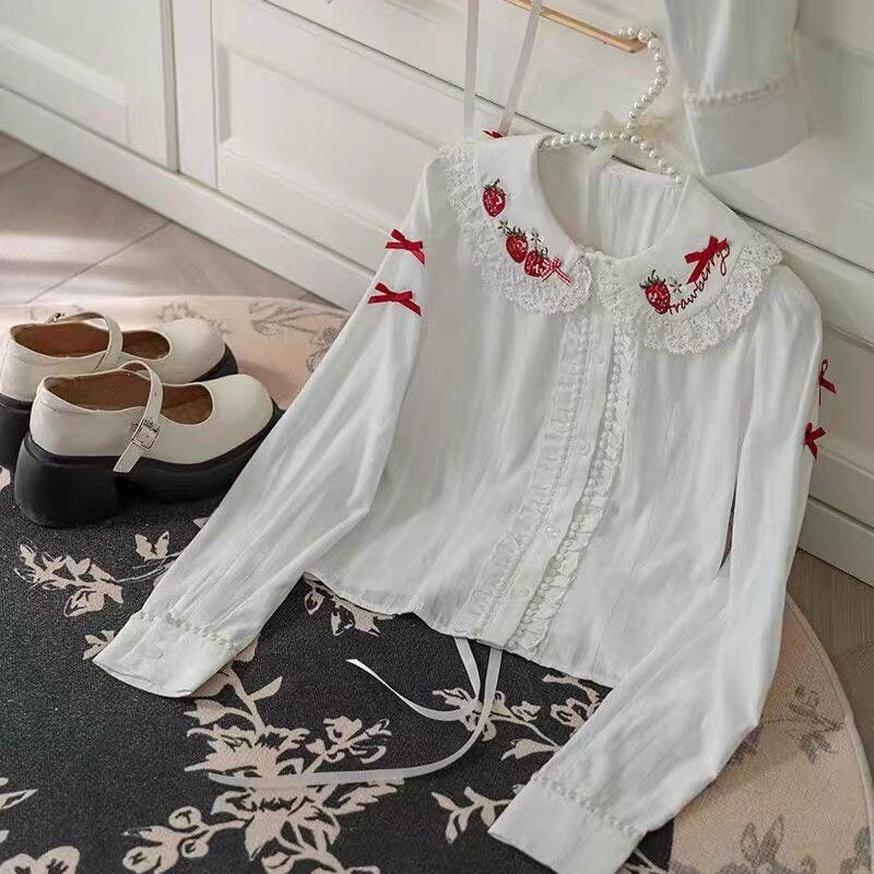 Cute Bow Strawberry Embroidery Blouse BY1131