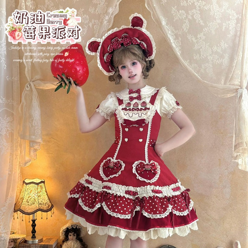 Pre-order  Cream Berry Party Strawberry Polka Dot JSK BY1029