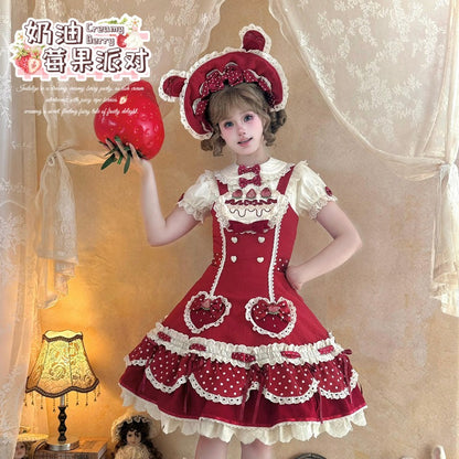Pre-order  Cream Berry Party Strawberry Polka Dot JSK BY1029