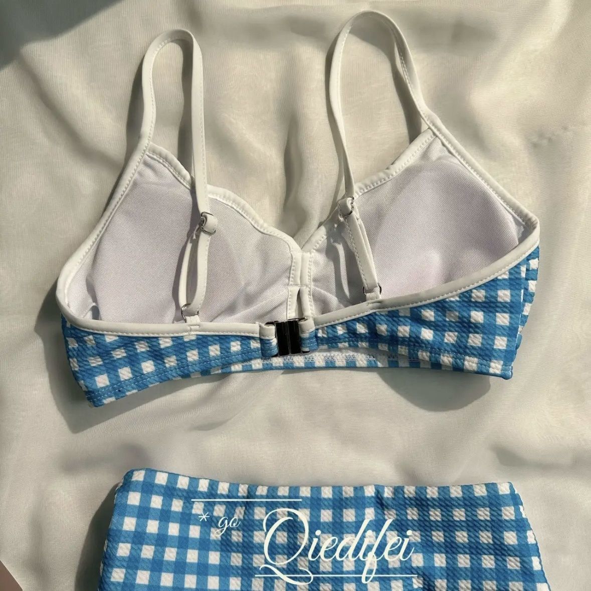 Blue checkered three piece swimsuit set