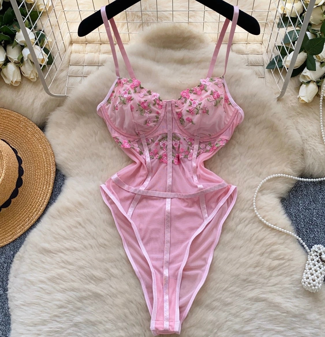 Sweet floral embroidery mesh jumpsuit BY0013