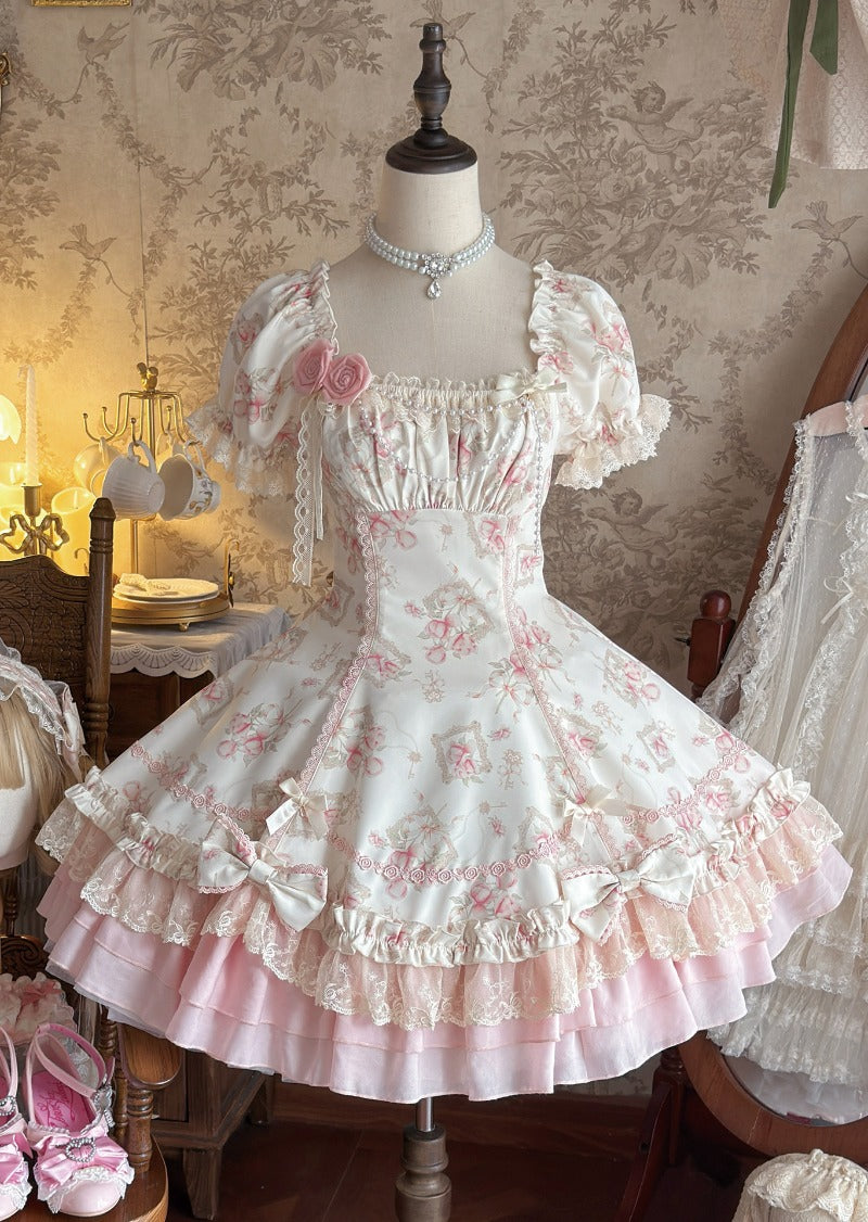 【Morning Mist Rose JSK / OP】 Sweet Gentle Floral Wall Lolita Dress by0998