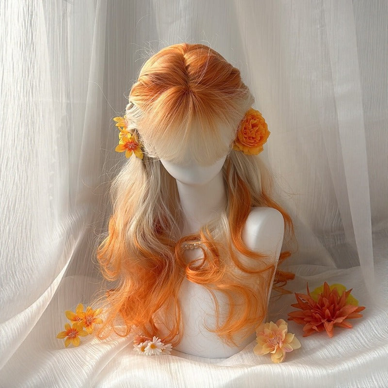 【Autumn Afterglow】White Orange Gradient Large Wavy Long  Wig BY9225