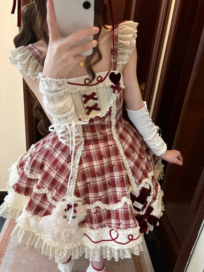 Red Plaid Lolita Patchwork Puppy Applique JSK Dress includes headband BY1092