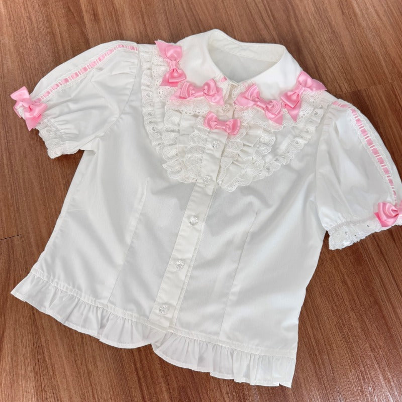 Bow Lace Peter Pan Collar Versatile  100% Cotton Blouse BY1202