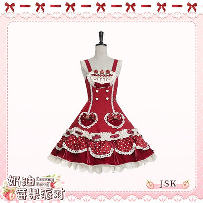Pre-order  Cream Berry Party Strawberry Polka Dot JSK BY1029