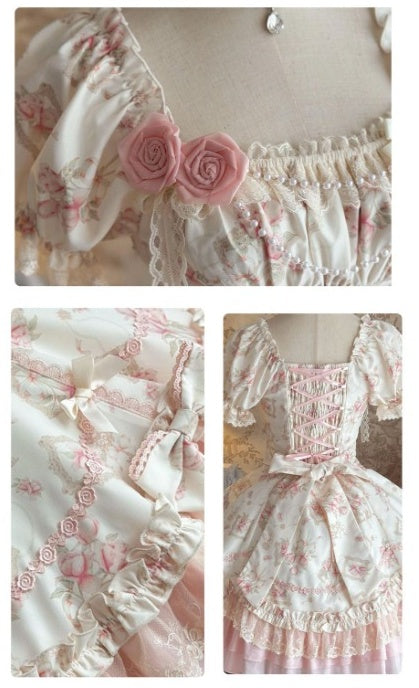 【Morning Mist Rose JSK / OP】 Sweet Gentle Floral Wall Lolita Dress by0998