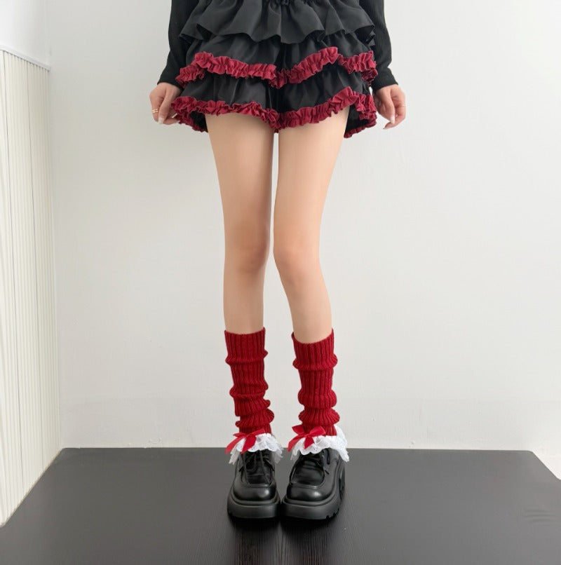 Sweet White Double Lace Mid-Calf Leg Warmers Lolita Winter Socks BY9221