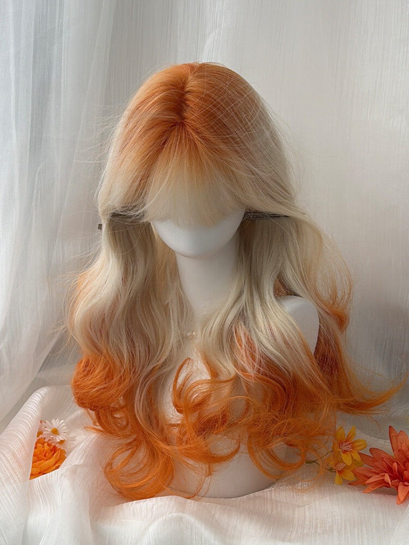 【Autumn Afterglow】White Orange Gradient Large Wavy Long  Wig BY9225