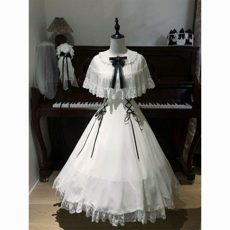 White Waist Cinched Lolita Sweet Daily Tulle Maxi Dress BY9293