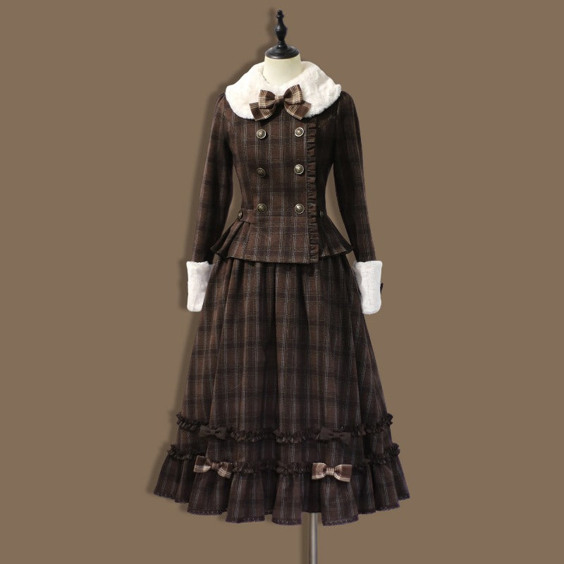 Vintage Chocolate Sweet Dream Lolita Winter  Plaid Dress Set BY1012