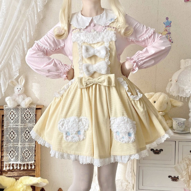 Sweet Lolita JSK | Cute Bear Applique Embroidery Dress with Plush Shoulder Straps BY1161