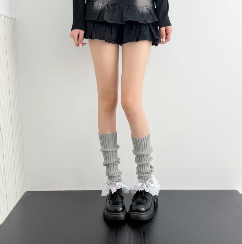 Sweet White Double Lace Mid-Calf Leg Warmers Lolita Winter Socks BY9221