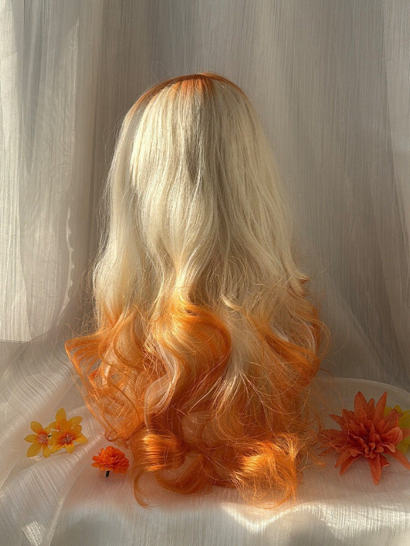 【Autumn Afterglow】White Orange Gradient Large Wavy Long  Wig BY9225