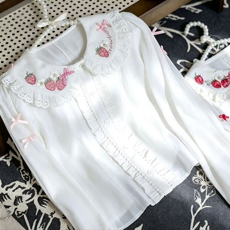 Cute Bow Strawberry Embroidery Blouse BY1131