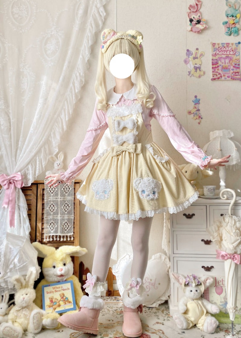 Sweet Lolita JSK | Cute Bear Applique Embroidery Dress with Plush Shoulder Straps BY1161