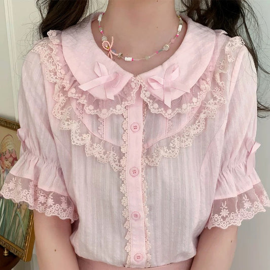4 Colors Cute Peter Pan Collar Cotton Blouse BY9266