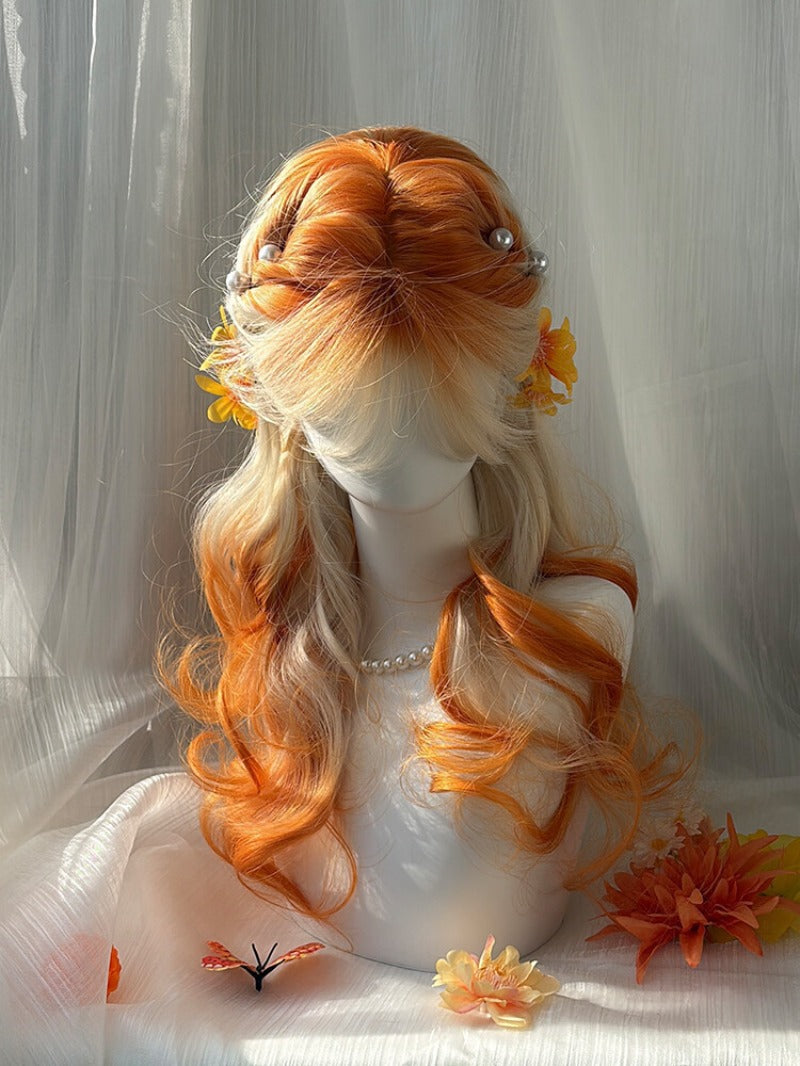 【Autumn Afterglow】White Orange Gradient Large Wavy Long  Wig BY9225