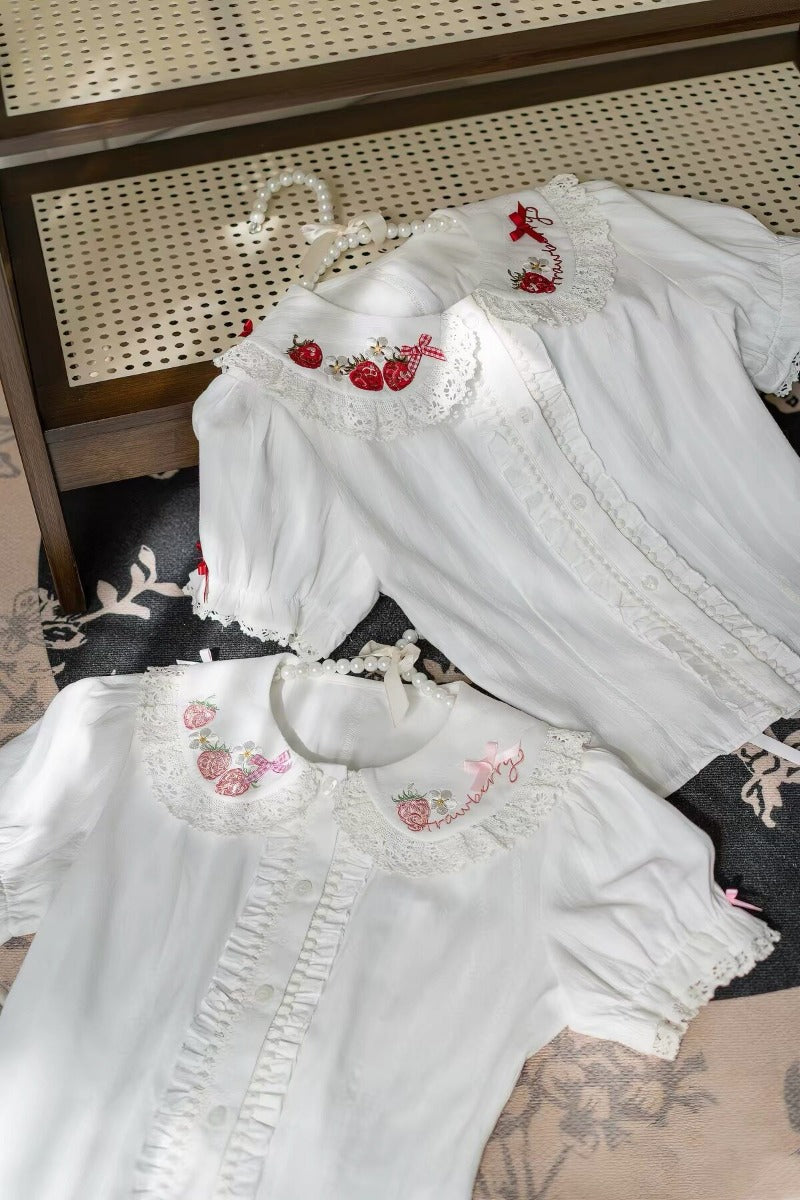 Cute Bow Strawberry Embroidery Blouse BY1131