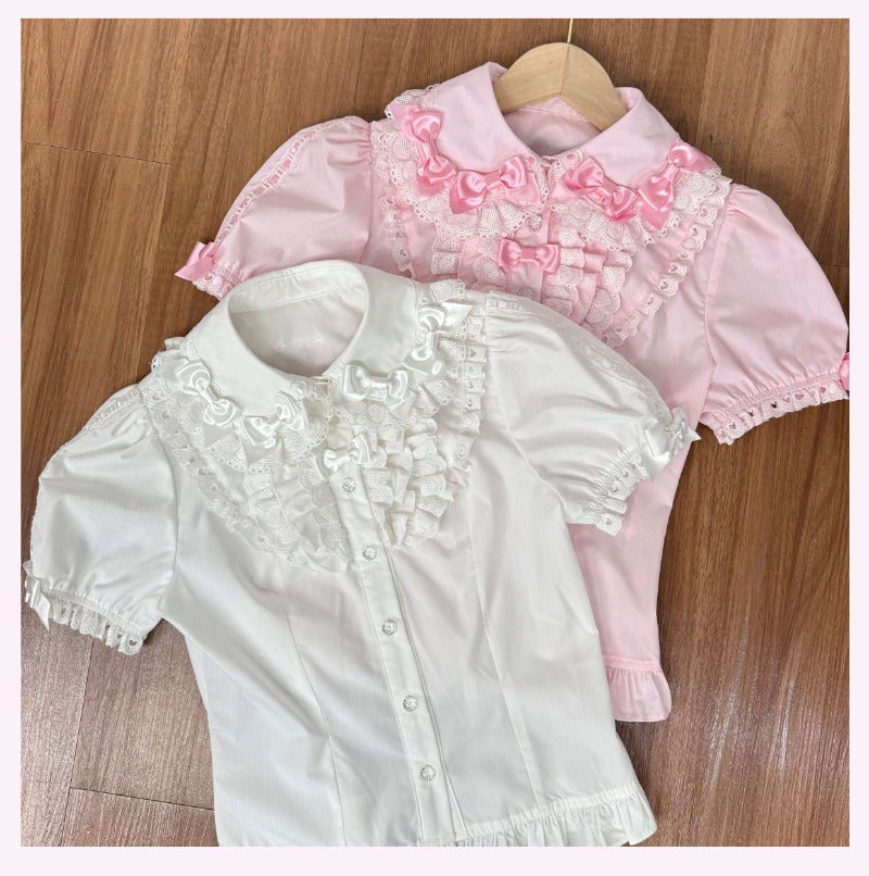 Bow Lace Peter Pan Collar Versatile  100% Cotton Blouse BY1202