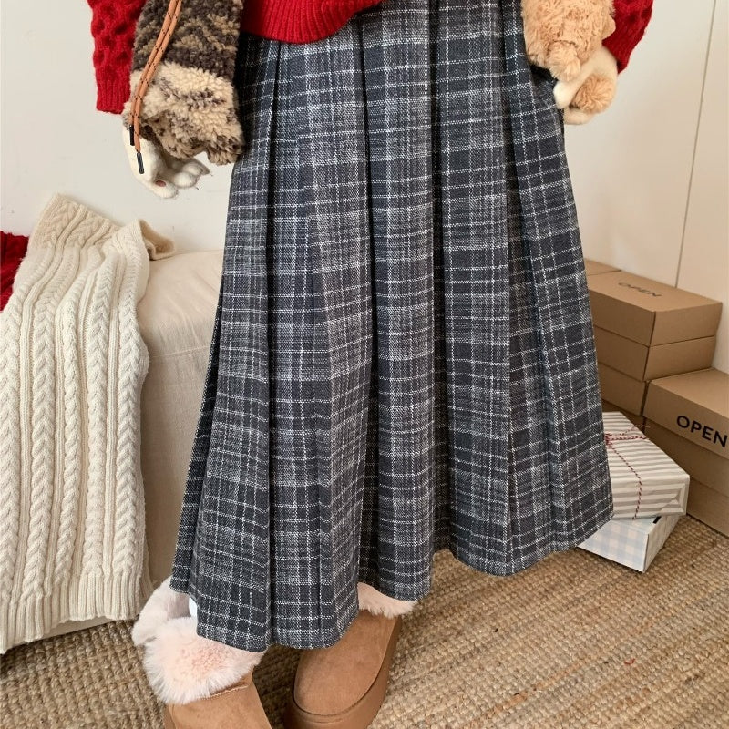 Vintage Plaid Pleated Wool-look Skirt BY1021