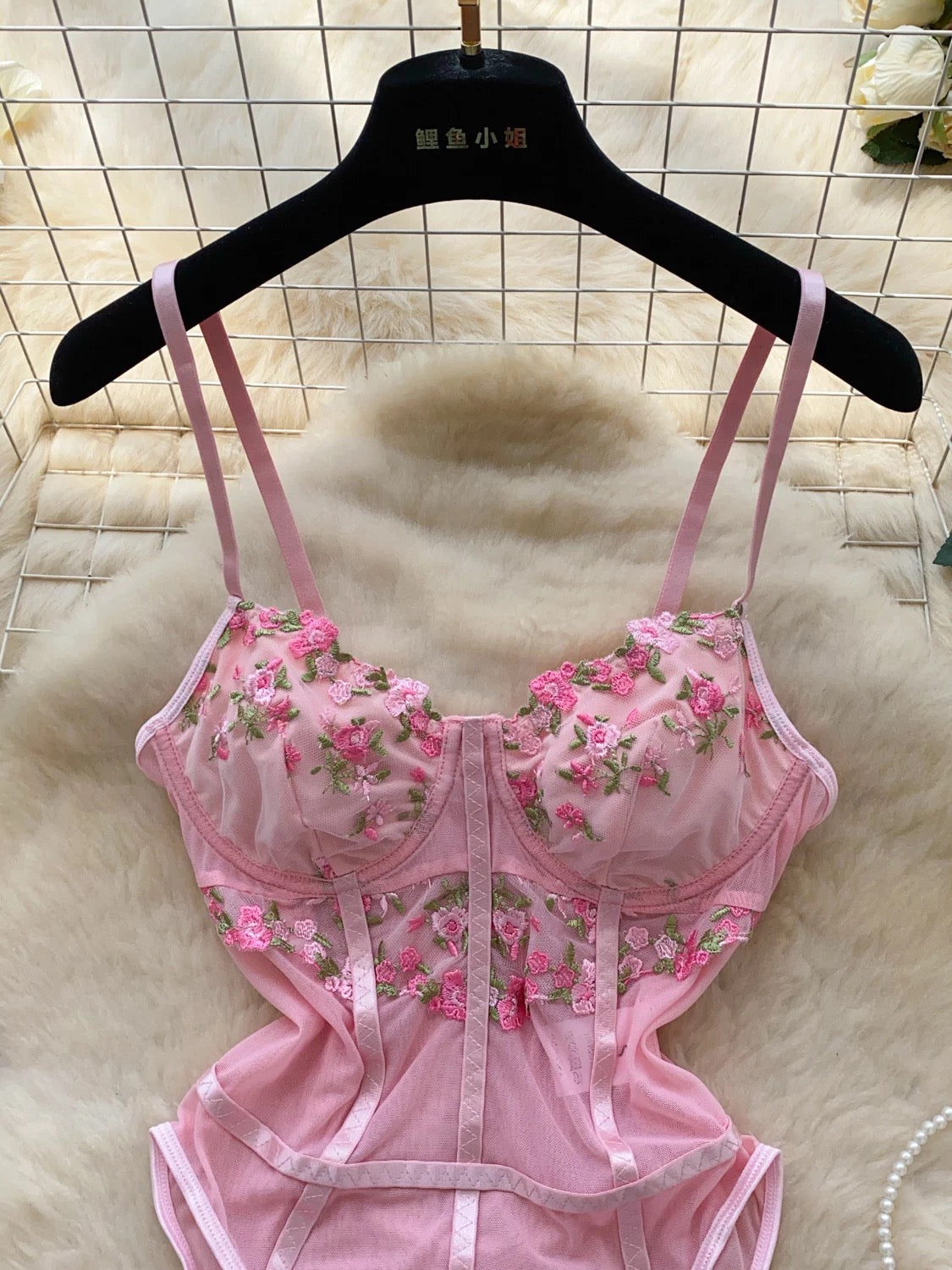 Sweet floral embroidery mesh jumpsuit BY0013