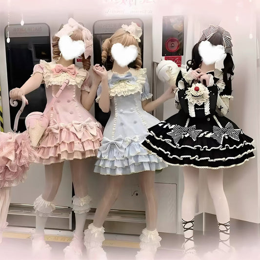 Pink/Blue/Black Striped Bow Cake Tier Sweet Lolita Dress | In Stock BY0002