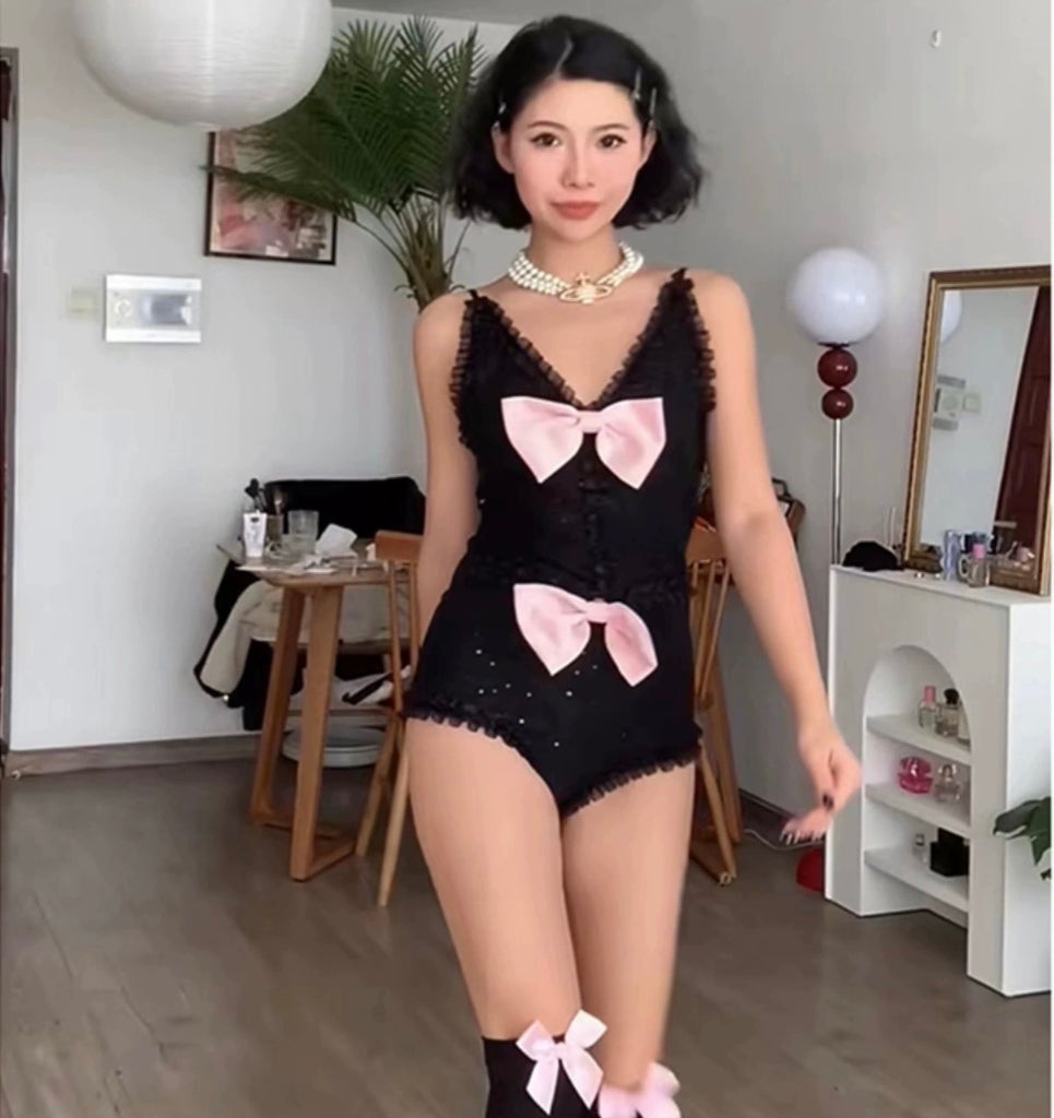 Jennie pink bow black bling jumpsuit BY11808