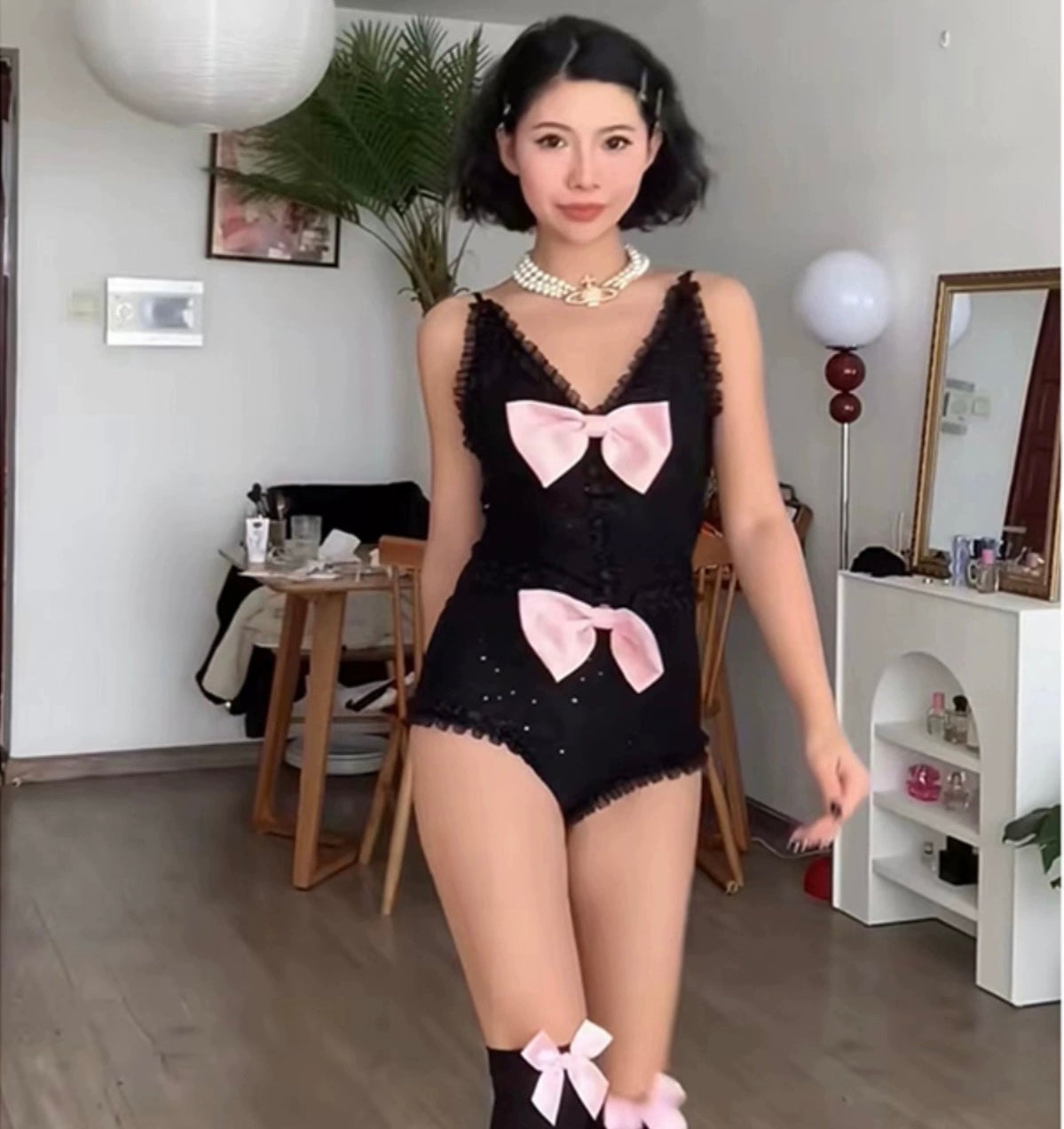 Jennie pink bow black bling jumpsuit BY11808 | aleeby