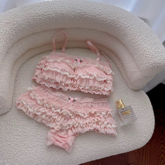 Japanese cute bow multi-layer lace skirted panty set BY0009