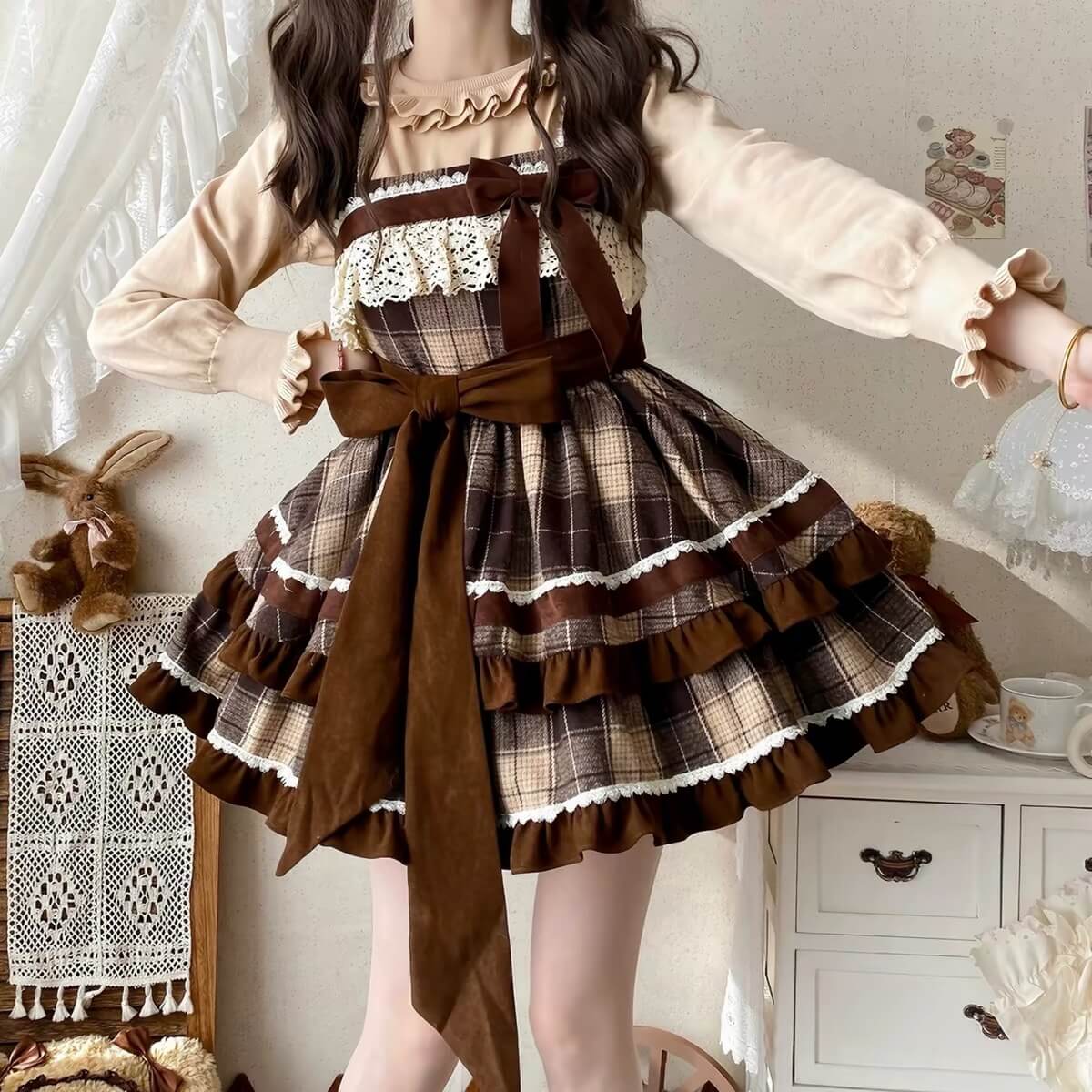 Caramel Cocoa Brown Plaid Sweet Winter Lolita JSK| In Stock BY1010
