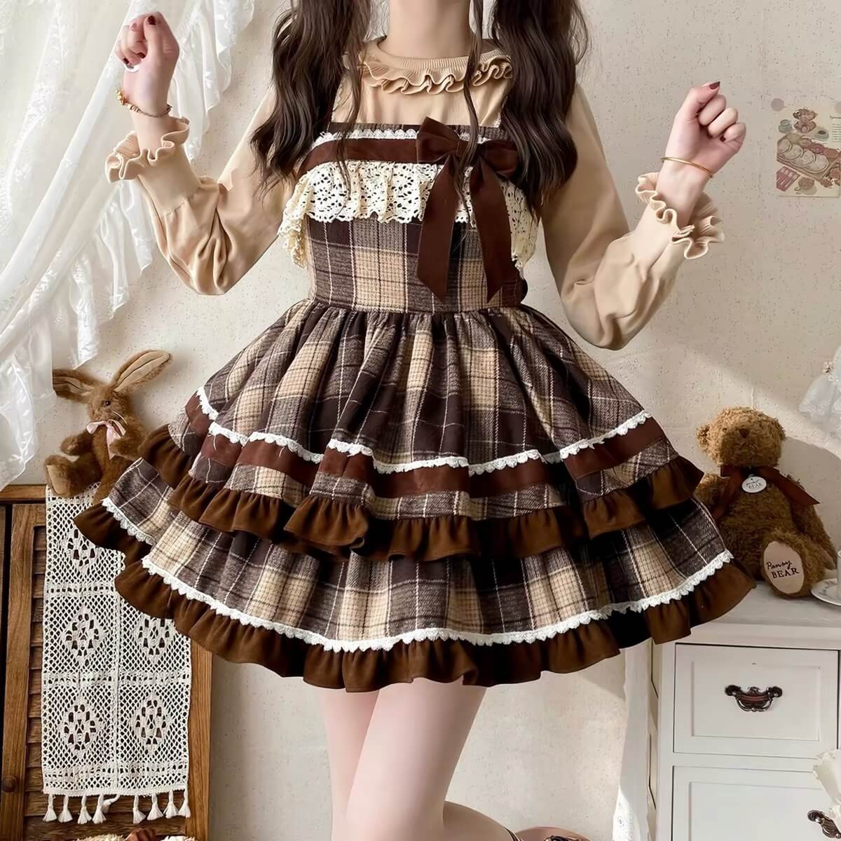 Caramel Cocoa Brown Plaid Sweet Winter Lolita JSK| In Stock BY1010