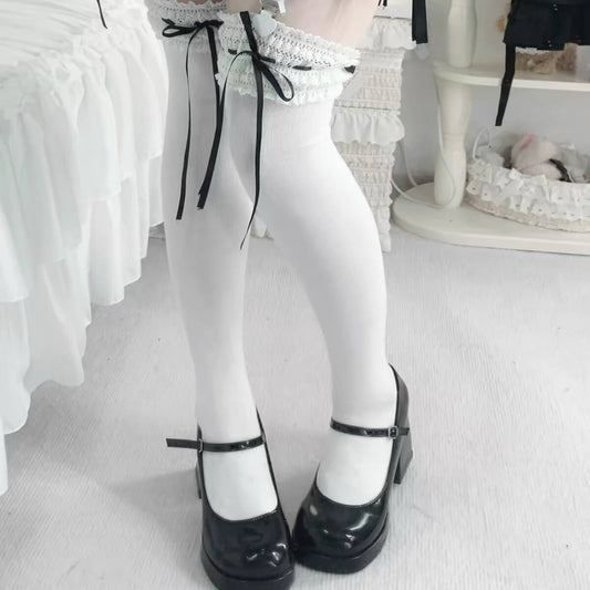 Cute Lace Bow Cotton Lolita Mid Calf Socks BY9213