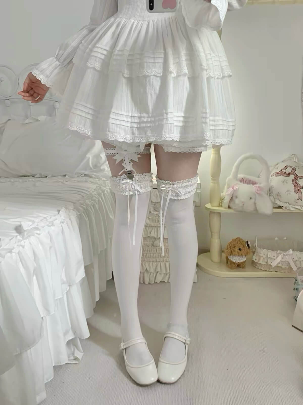 Cute Lace Bow Cotton Lolita Mid Calf Socks BY9213