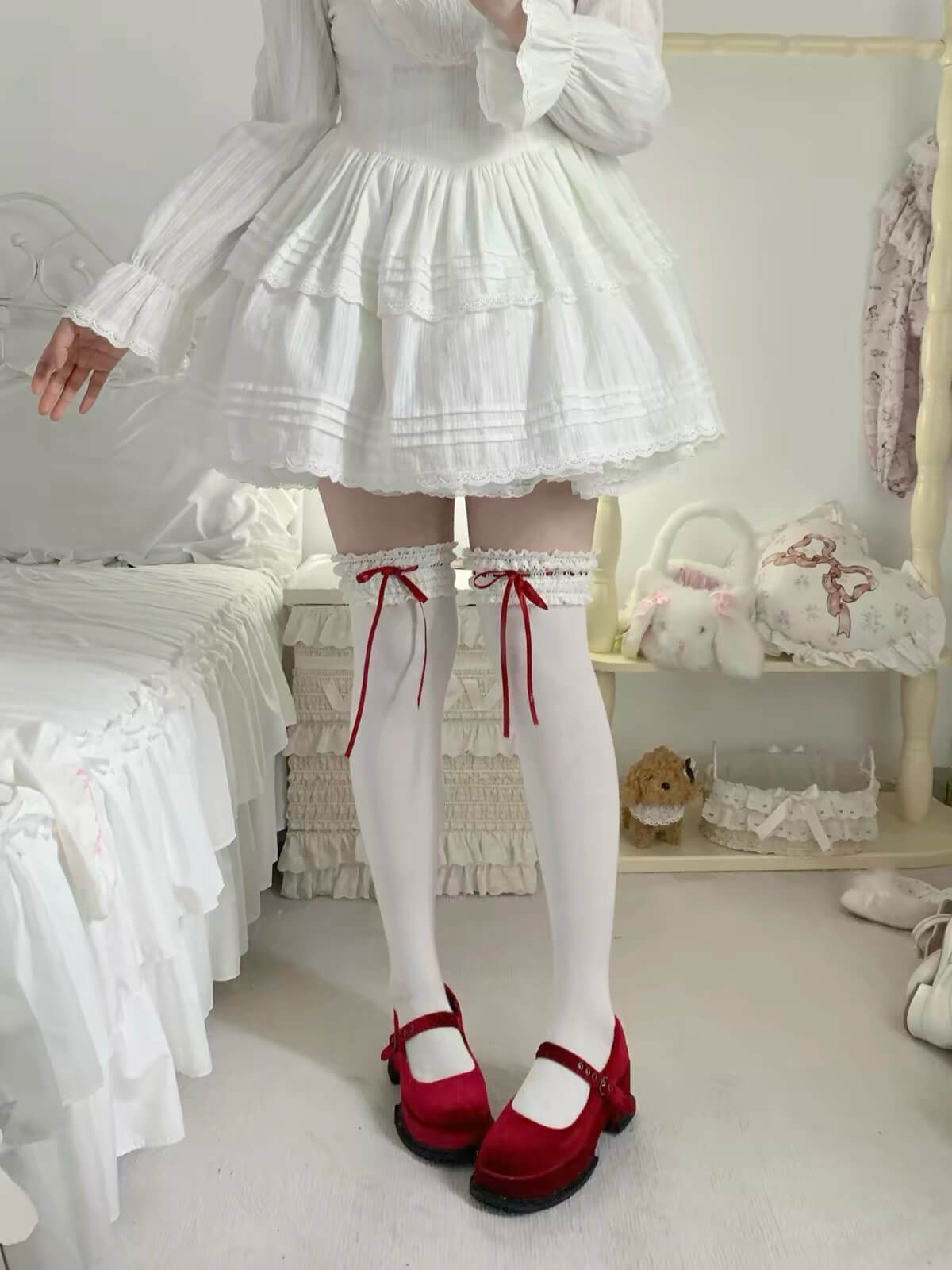Cute Lace Bow Cotton Lolita Mid Calf Socks BY9213