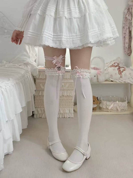 Cute Lace Bow Cotton Lolita Mid Calf Socks BY9213