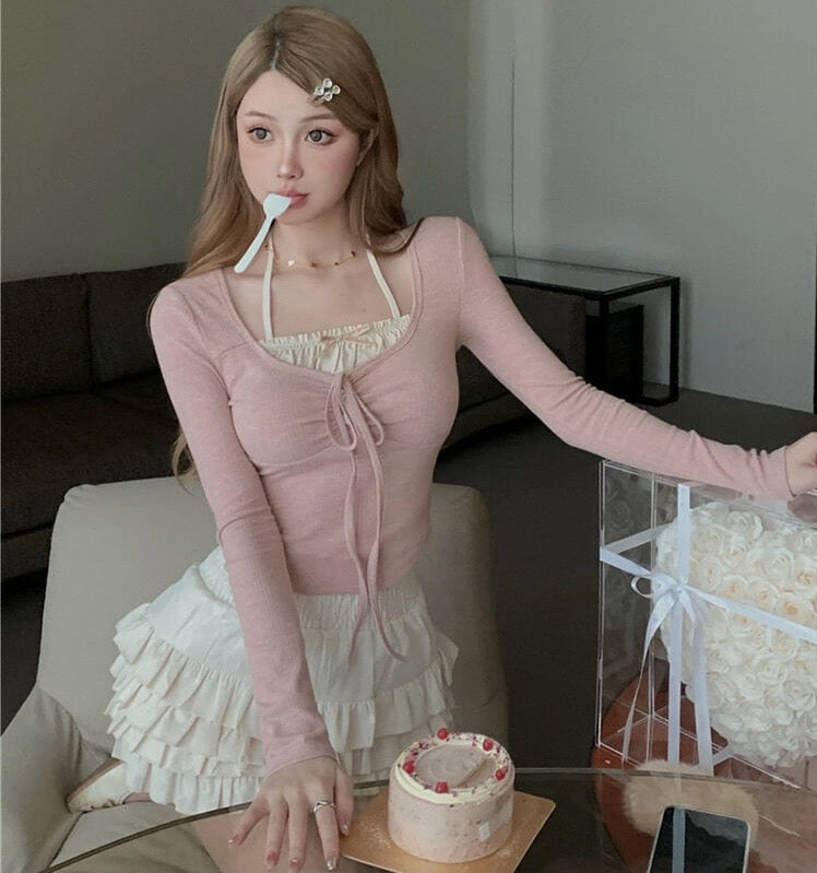 Sweet ballet pink long sleeve top & high waist cake skirt BY1123
